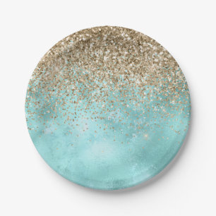 Turquoise Aqua Gold Glam Glitter Sparkle Paper Plate