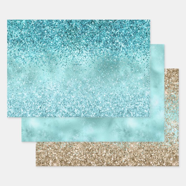 Turquoise Aqua Gold Glam Glitter Wrapping Paper Sheet (Set)