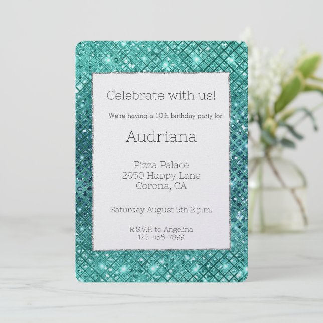 Turquoise Aqua Green Sparkle Birthday Invitation (Standing Front)