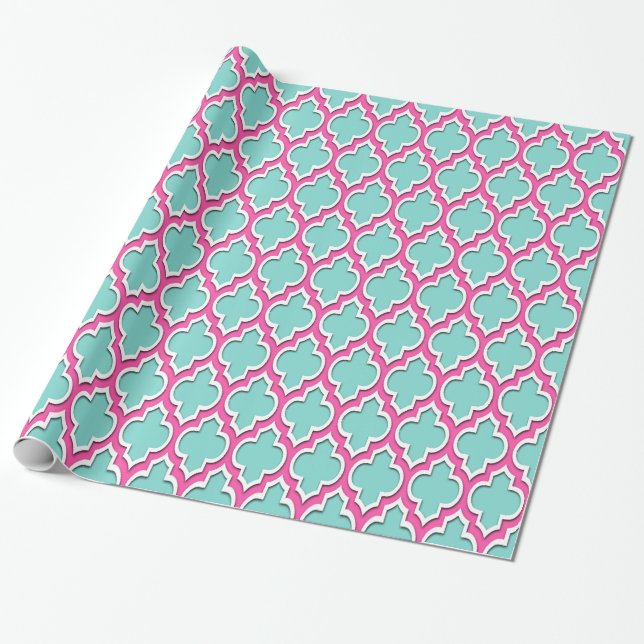 Turquoise Aqua Hot Pink White Moroccan #4DS Wrapping Paper (Unrolled)
