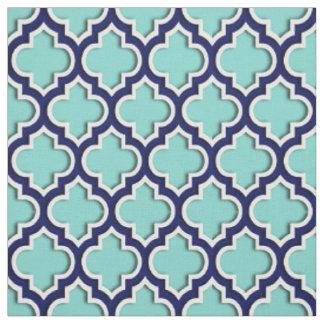Turquoise Aqua, Navy Blue Moroccan Quatrefoil #5DS Fabric