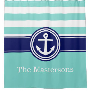 Turquoise Aqua Navy Blue Nautical Stripe Anchor C Shower Curtain