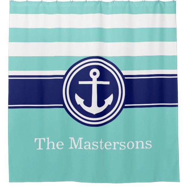 Turquoise Aqua Navy Blue Nautical Stripe Anchor C Shower Curtain (Front)