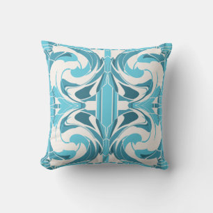 Turquoise Aqua Off-White Mediterranean Large Tiles Cushion