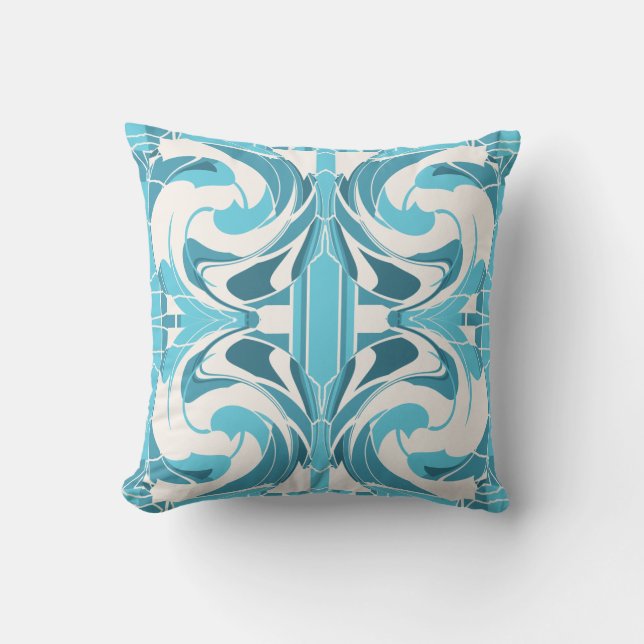 Turquoise Aqua Off-White Mediterranean Large Tiles Cushion (Front)