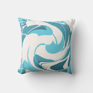 Turquoise Aqua Off-white Swirling Floral Design Cushion