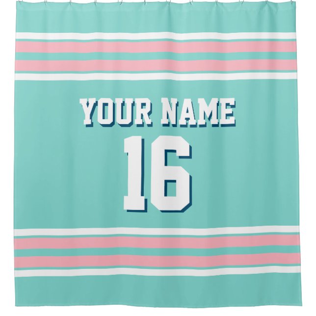 Turquoise Aqua Pink White Stripes Sports Jersey Shower Curtain (Front)