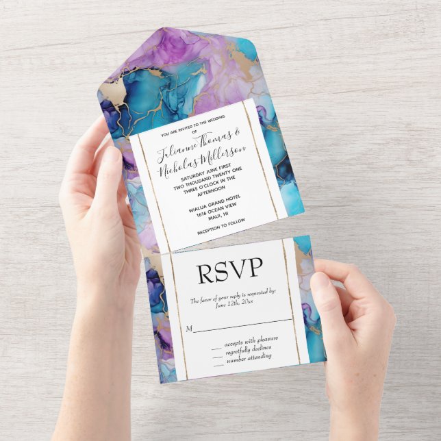 Turquoise Aqua Purple Gold Marble All In One Invitation (Tearaway)