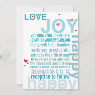 Turquoise Aqua Red Heart Modern Typography Wedding Invitation