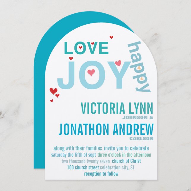 Turquoise Aqua Red Heart Modern Typography Wedding Invitation (Front/Back)