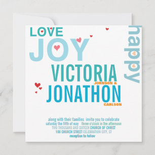 Turquoise Aqua Red Heart Modern Typography Wedding Invitation