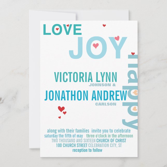 Turquoise Aqua Red Heart Modern Typography Wedding Invitation (Front)