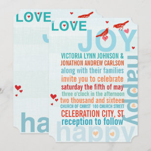 Turquoise Aqua Red Modern Typography Love Bird Invitation