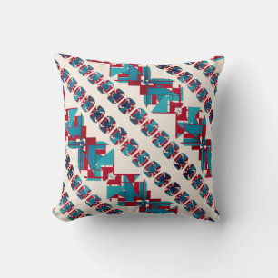 Turquoise Aqua Red White Diagonal Mediterranean Cushion
