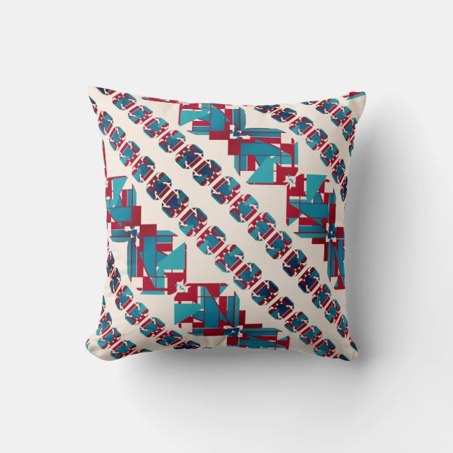 Turquoise Aqua Red White Diagonal Mediterranean Cushion (Front)