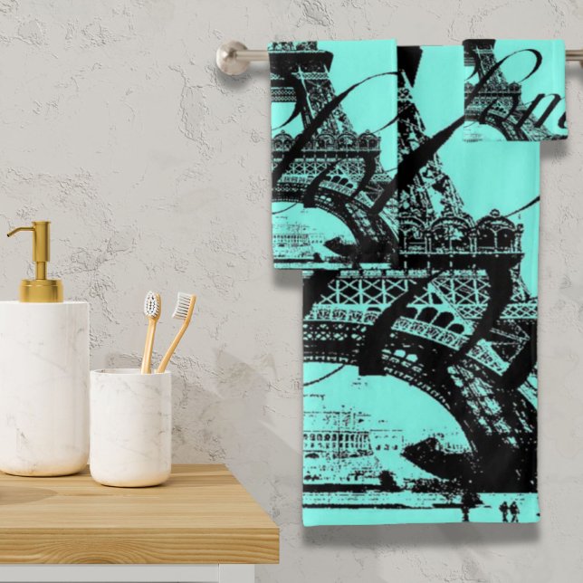 turquoise aqua teal scripts Paris Eiffel Tower Bath Towel Set (turquoise aqua teal scripts Paris Eiffel Tower Bath Towel Set)