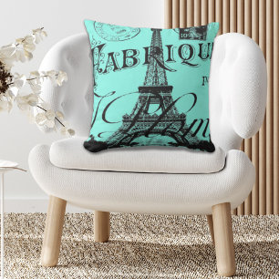 turquoise aqua teal scripts Paris Eiffel Tower Cushion