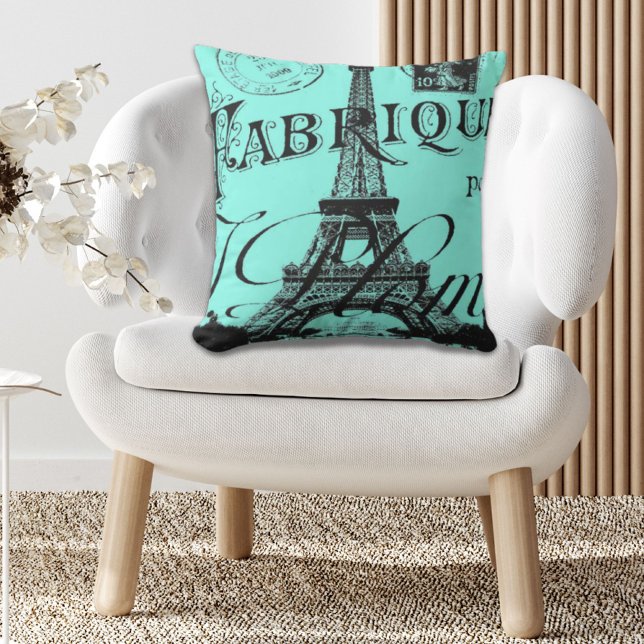 turquoise aqua teal scripts Paris Eiffel Tower Cushion (turquoise aqua teal scripts Paris Eiffel Tower Outdoor Pillow)