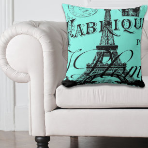 turquoise aqua teal scripts Paris Eiffel Tower Cushion