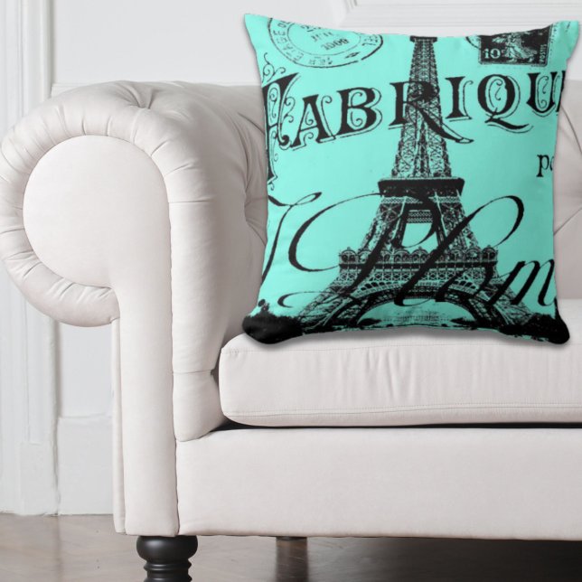 turquoise aqua teal scripts Paris Eiffel Tower Cushion (turquoise aqua teal scripts Paris Eiffel Tower Throw Pillow)