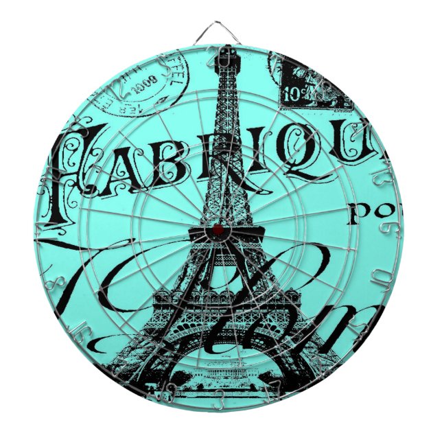 turquoise aqua teal scripts Paris Eiffel Tower Dartboard (Front)