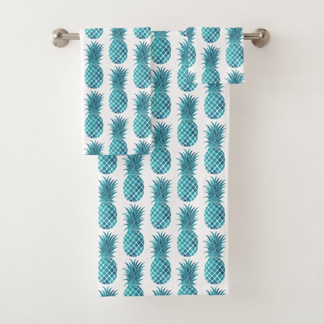 Turquoise Aqua Tropical Pineapples Bath Towel Set (Insitu)