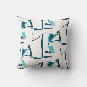 Turquoise Aqua Twirling Lines Print on Off-White Cushion