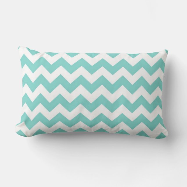 Turquoise Aqua White Chevron Zig Zag Pattern Lumbar Cushion (Front)