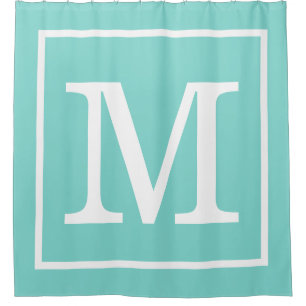 Turquoise Aqua White Framed XL Initial Monogram Shower Curtain