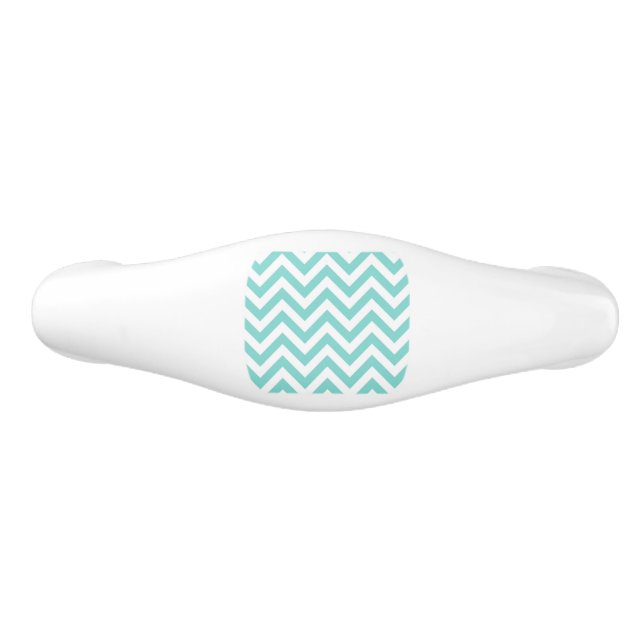 Turquoise Aqua White Large Chevron ZigZag Pattern Ceramic Drawer Pull (Front)