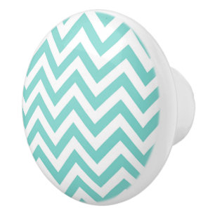 Turquoise Aqua White Large Chevron ZigZag Pattern Ceramic Knob