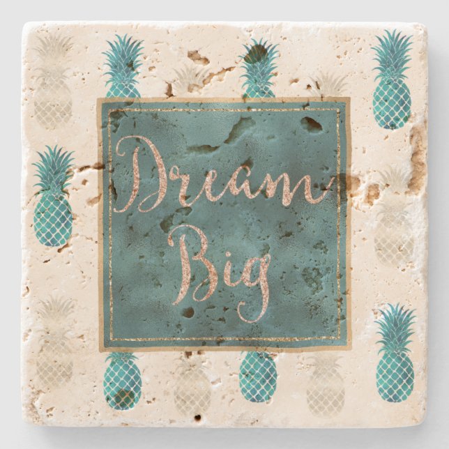 Turquoise Aqua White Pineapples Dream  Stone Coaster (Front)