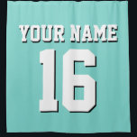 Turquoise Aqua White Sports Jersey Team Jersey Shower Curtain<br><div class="desc">Preppy Solid Colour Team Jersey / Sports Jersey / Football Jersey / Rugby Jersey with Custom Name Customise this with your own name or team name and a number. You can change the size, colour and placement of the text if you need to make changes, change the colour of or...</div>