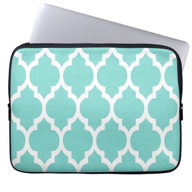 Turquoise Aqua Wht Moroccan Quatrefoil Pattern #4 Laptop Sleeve (Front)