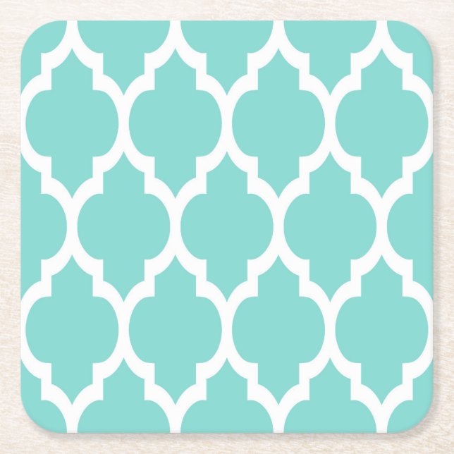Turquoise Aqua Wht Moroccan Quatrefoil Pattern #4 Square Paper Coaster (Front)
