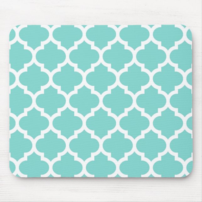 Turquoise Aqua Wht Moroccan Quatrefoil Pattern #5 Mouse Pad (Front)