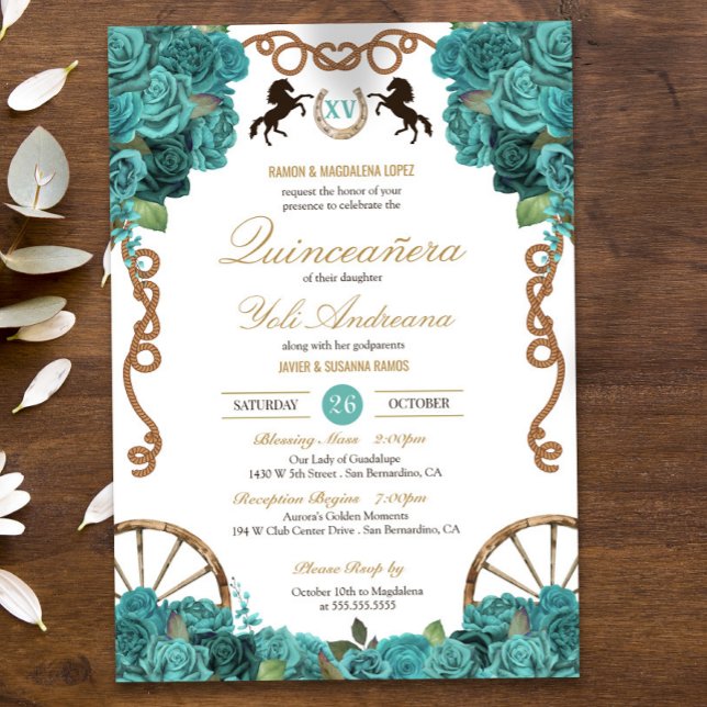 Turquoise Aquamarine Western Charra Quinceañera Invitation (Creator Uploaded)