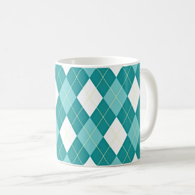 Turquoise argyle pattern coffee mug (Front Right)