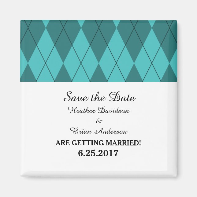 Turquoise Argyle Save the Date Magnet (Front)