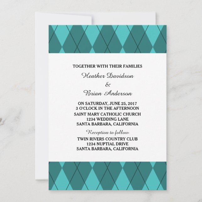 Turquoise Argyle Wedding Invite (Front)