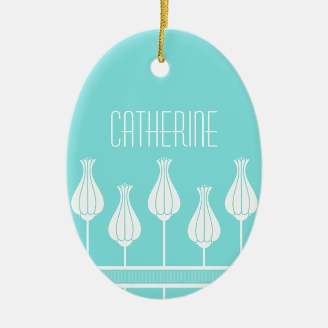 Turquoise Art Deco Floral Oval Ornament (Front)