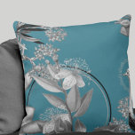Turquoise Artistic Floral Design Throw Pillow<br><div class="desc">Stylish throw pillow features an artistic botanical floral design in a turquoise colour palette with silver grey and black accents. An artistic floral design features a blooming myrtle branch and an abstract composition with faint geometric circles and olive branches and blooming flowers on a burgundy wine coloured background. This layered...</div>