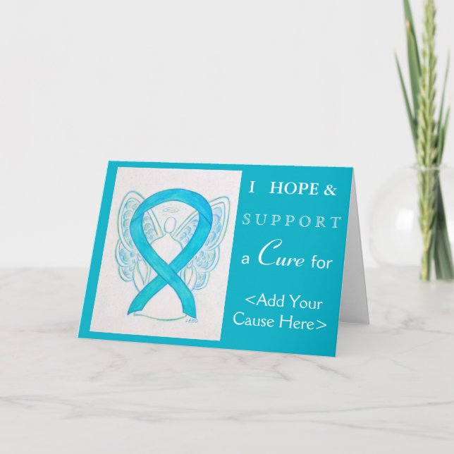 Turquoise Awareness Ribbon Custom Greeting Cards (Front)