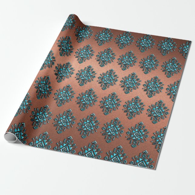 Turquoise Aztec Symbol Wrapping Paper (Unrolled)