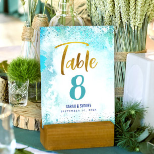 Turquoise B’nai Mitzvah Watercolor Gold Script Table Number