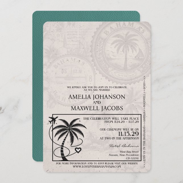 Turquoise Bahamas Passport Wedding Invitation (Front/Back)