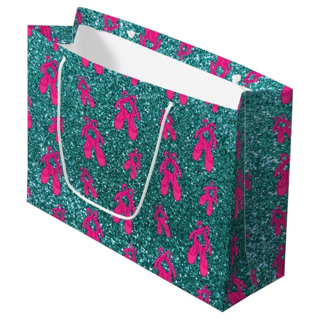 Turquoise ballet slippers glitter pattern large gift bag (Front Angled)