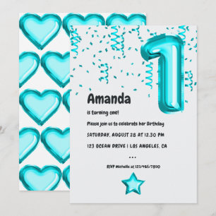 Turquoise Balloon 1st Birthday Party Invitation