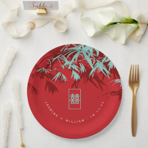 Turquoise Bamboo Leaves Double Xi Chinese Wedding Paper Plate