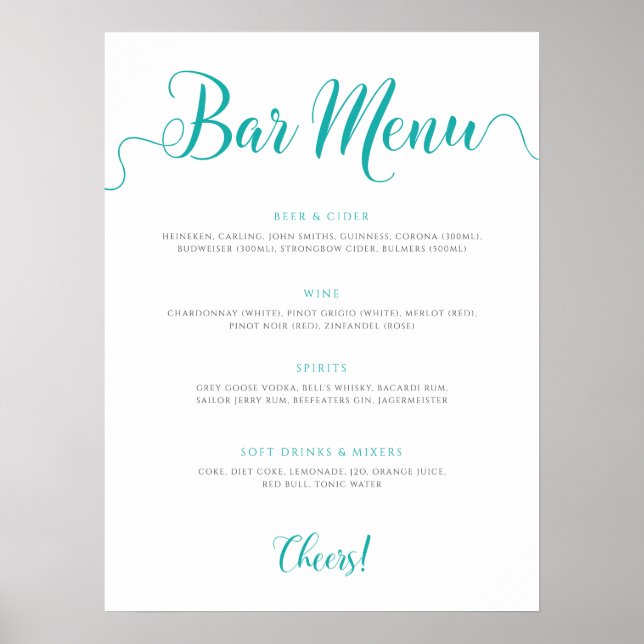 Turquoise Bar Menu Wedding Drinks List Poster (Front)